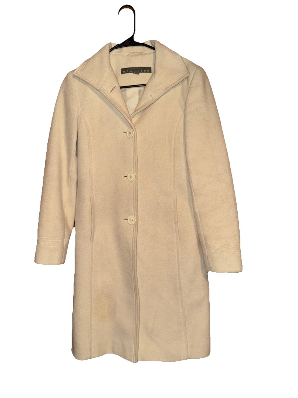 Women’s Size 2 Kenneth Cole Reaction Wool Blend Long Ivory Coat Pockets ‘STAINS